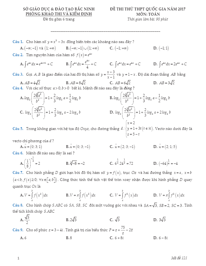 đề thi thử thpt quốc gia 2017 môn toán sở gd – đt bắc ninh