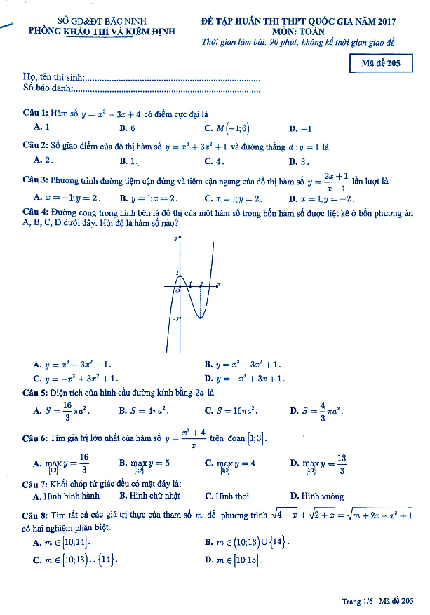 đề thi thử thpt quốc gia 2017 môn toán sở gd và đt bắc ninh