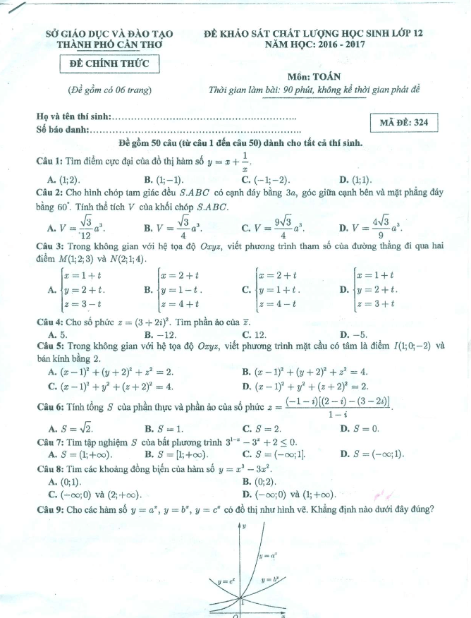 đề thi thử thpt quốc gia 2017 môn toán sở gd và đt cần thơ