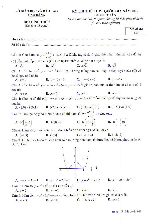 đề thi thử thpt quốc gia 2017 môn toán sở gd và đt cao bằng