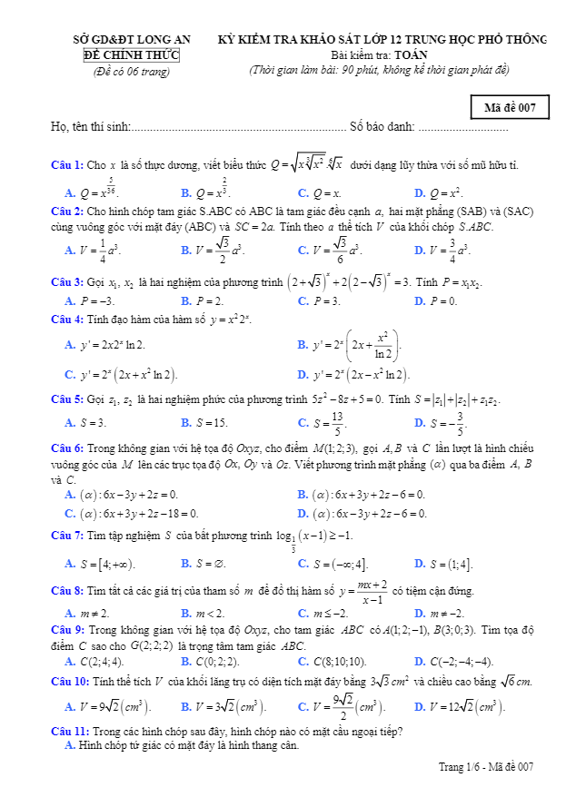 đề thi thử thpt quốc gia 2017 môn toán sở gd và đt long an
