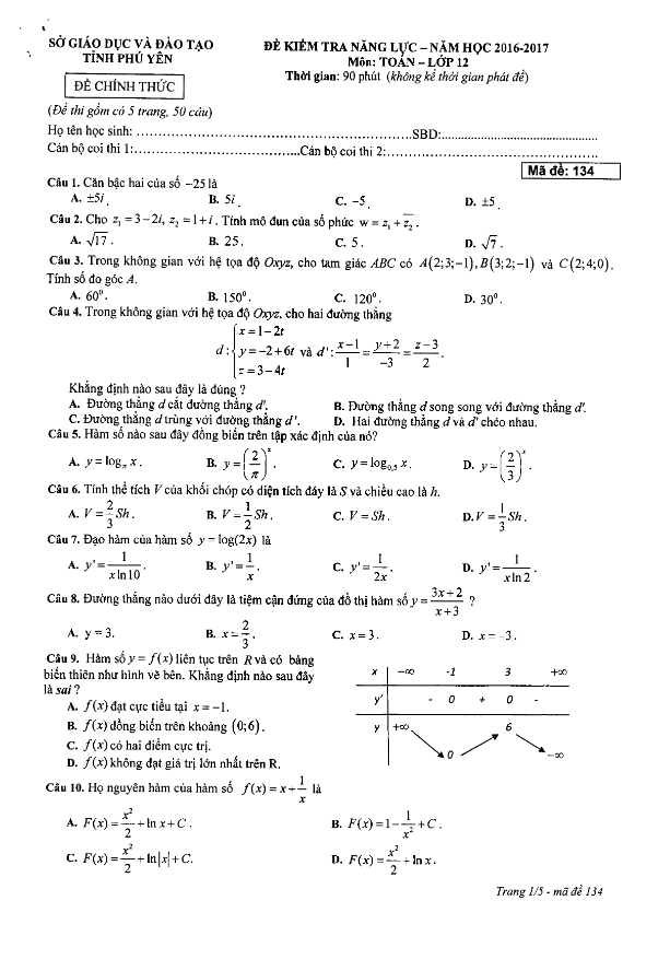 đề thi thử thpt quốc gia 2017 môn toán sở gd và đt phú yên