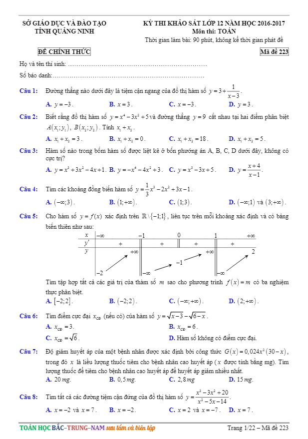 đề thi thử thpt quốc gia 2017 môn toán sở gd và đt tỉnh quảng ninh