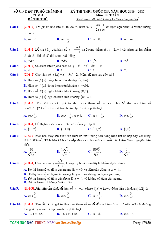 đề thi thử thpt quốc gia 2017 môn toán sở gd và đt tp. hcm (cụm chuyên môn iv)
