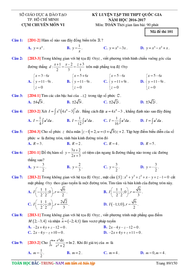 đề thi thử thpt quốc gia 2017 môn toán sở gd và đt tp. hcm (cụm chuyên môn vi)