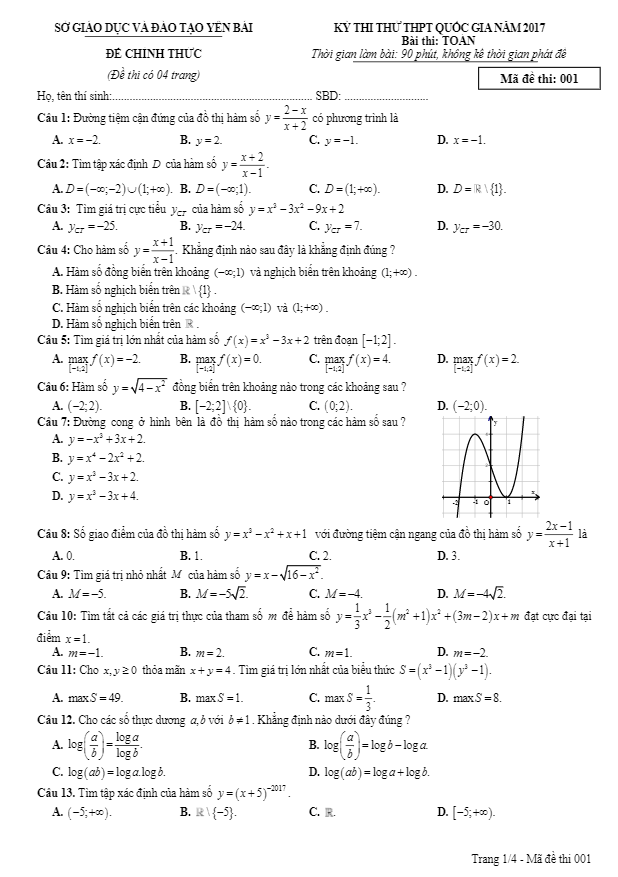 đề thi thử thpt quốc gia 2017 môn toán sở gd và đt yên bái
