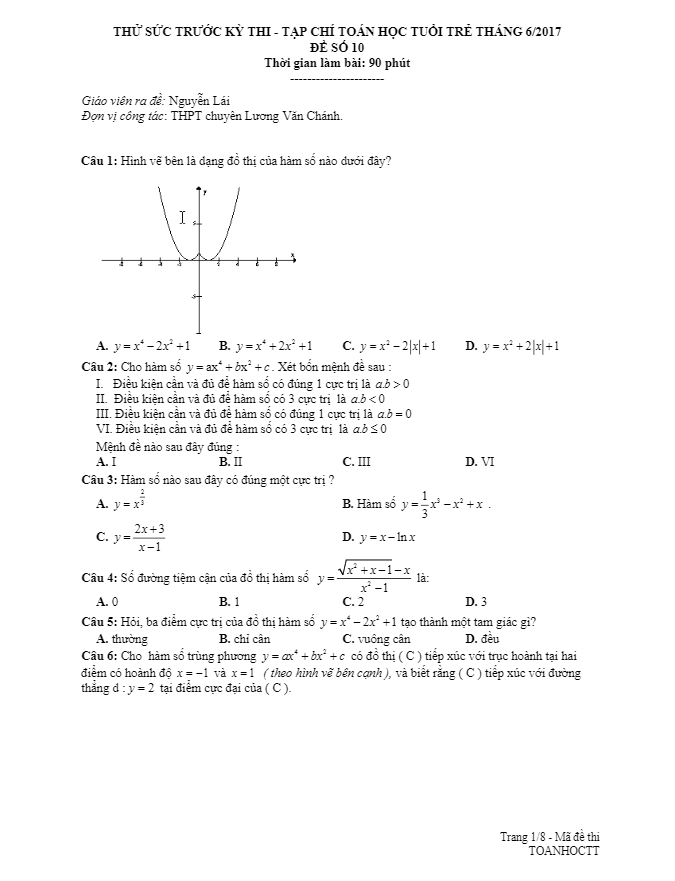 đề thi thử thpt quốc gia 2017 môn toán – tạp chí toán học tuổi trẻ lần 10