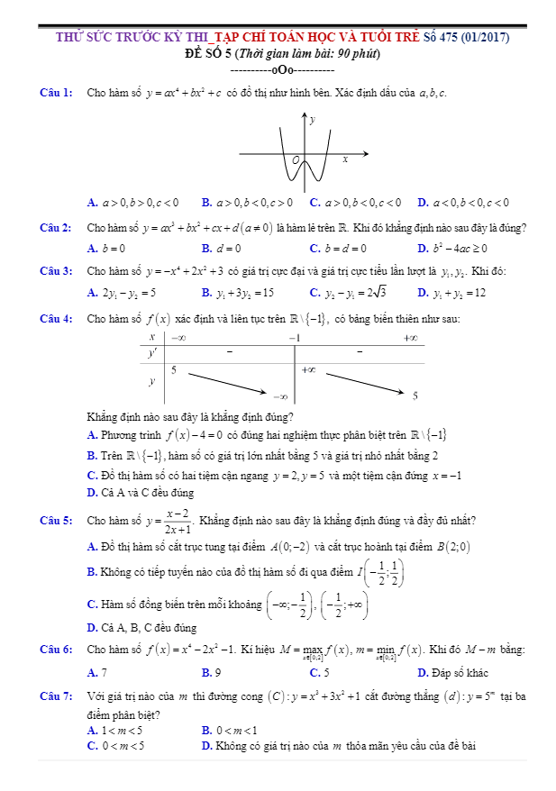 đề thi thử thpt quốc gia 2017 môn toán – tạp chí toán học tuổi trẻ lần 5
