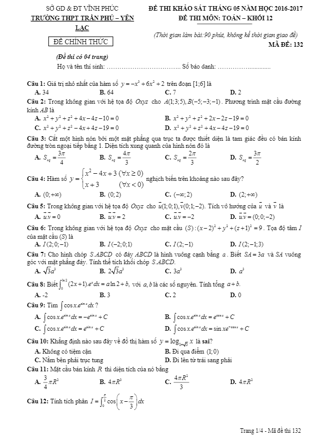 đề thi thử thpt quốc gia 2017 môn toán tháng 5 trường thpt trần phú, thpt yên lạc – vĩnh phúc
