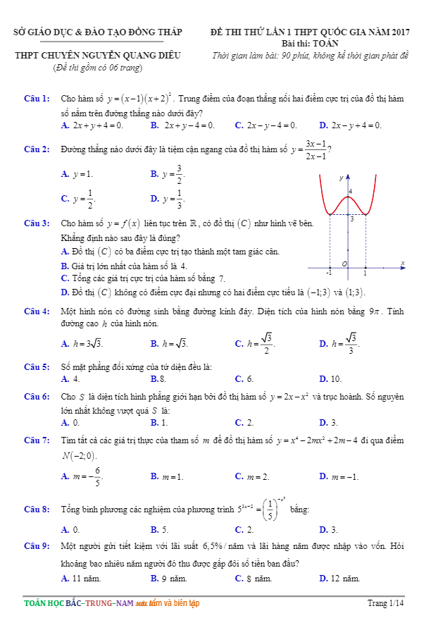 đề thi thử thpt quốc gia 2017 môn toán trường chuyên nguyễn quang diêu – đồng tháp lần 1