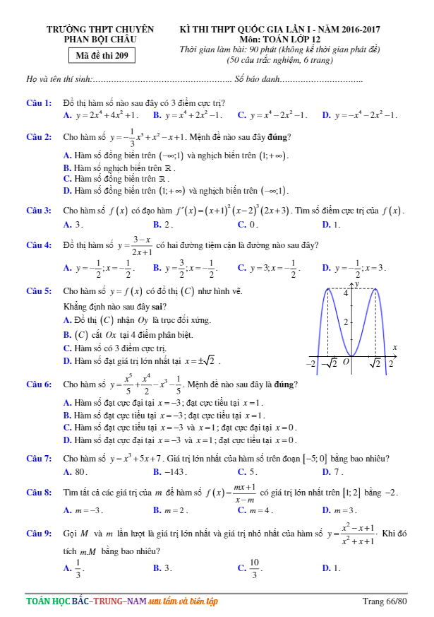 đề thi thử thpt quốc gia 2017 môn toán trường chuyên phan bội châu – nghệ an lần 1