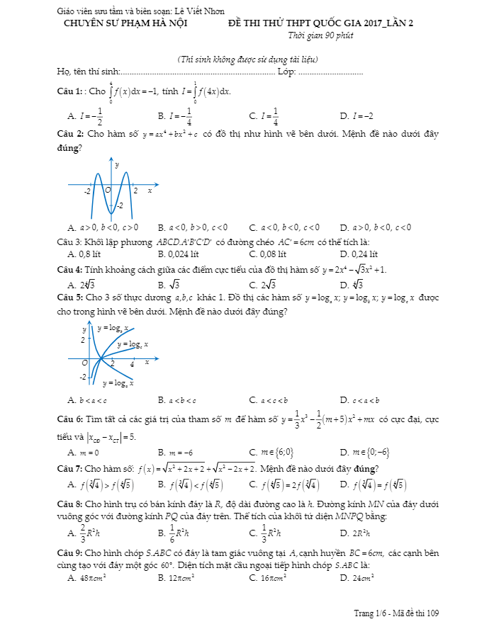 đề thi thử thpt quốc gia 2017 môn toán trường chuyên sư phạm hà nội lần 2