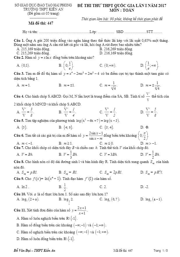 đề thi thử thpt quốc gia 2017 môn toán trường kiến an – hải phòng