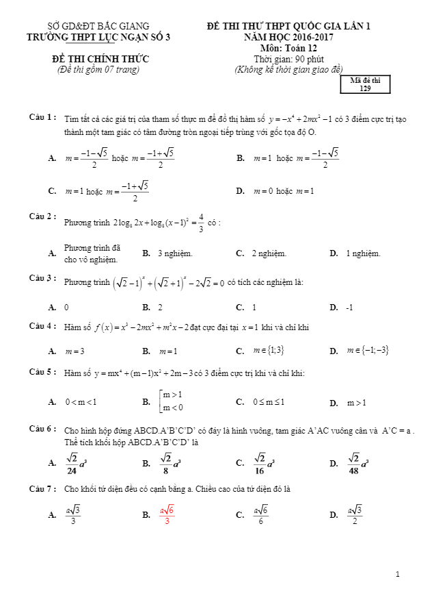 đề thi thử thpt quốc gia 2017 môn toán trường lục ngạn 3 – bắc giang lần 1
