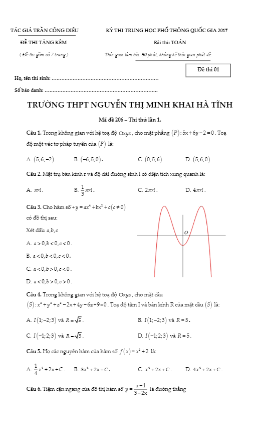 đề thi thử thpt quốc gia 2017 môn toán trường nguyễn thị minh khai – hà tĩnh lần 1
