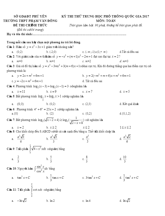 đề thi thử thpt quốc gia 2017 môn toán trường phạm văn đồng – phú yên