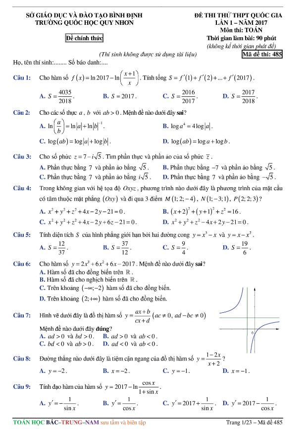 đề thi thử thpt quốc gia 2017 môn toán trường quốc học quy nhơn – bình định lần 1