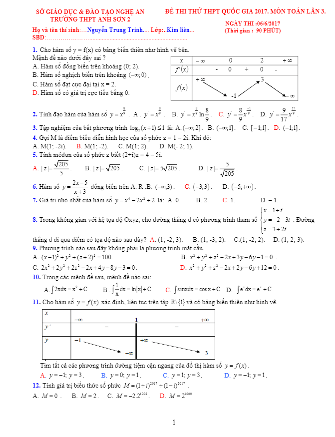 đề thi thử thpt quốc gia 2017 môn toán trường thpt anh sơn 2 – nghệ an lần 3