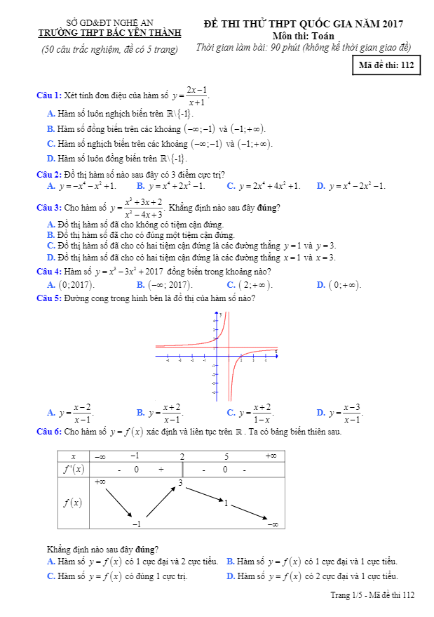 đề thi thử thpt quốc gia 2017 môn toán trường thpt bắc yên thành – nghệ an