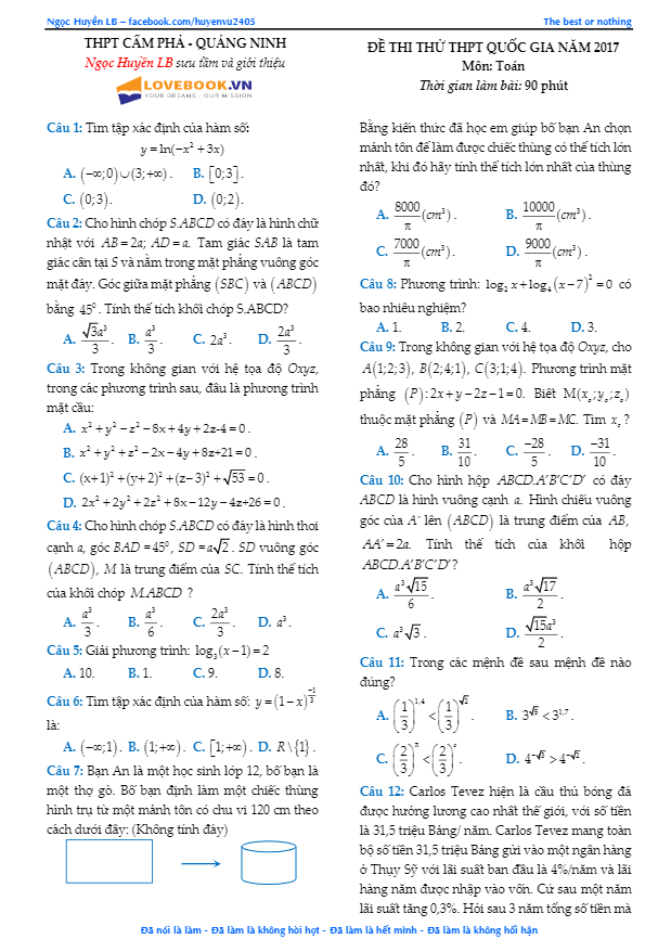 đề thi thử thpt quốc gia 2017 môn toán trường thpt cẩm phả – quảng ninh