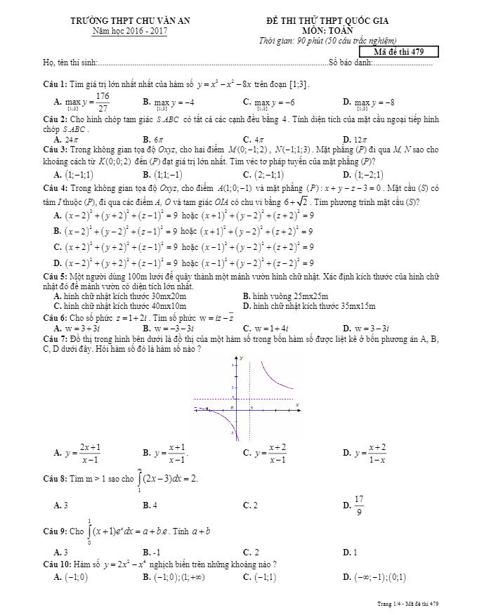 đề thi thử thpt quốc gia 2017 môn toán trường thpt chu văn an – đăk nông