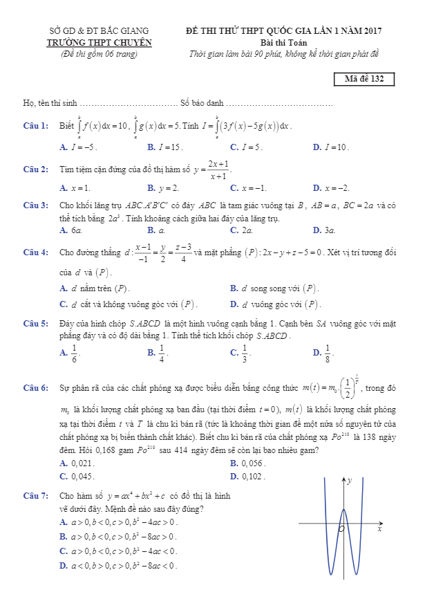 đề thi thử thpt quốc gia 2017 môn toán trường thpt chuyên bắc giang lần 1