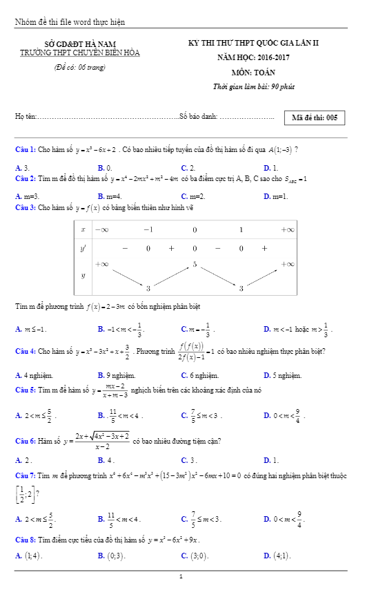 đề thi thử thpt quốc gia 2017 môn toán trường thpt chuyên biên hòa – hà nam lần 2