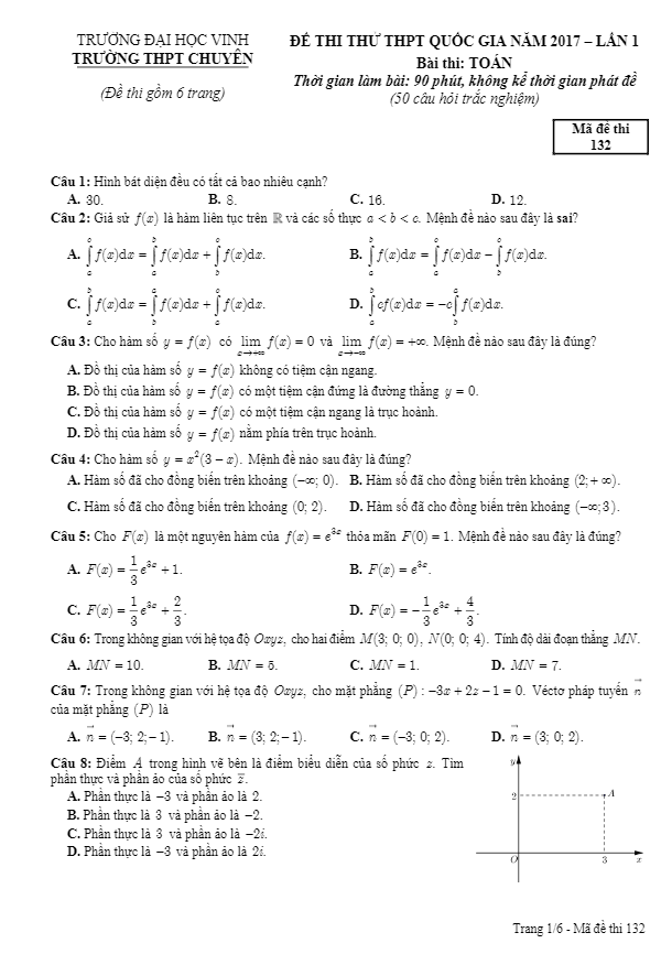 đề thi thử thpt quốc gia 2017 môn toán trường thpt chuyên đại học vinh lần 1