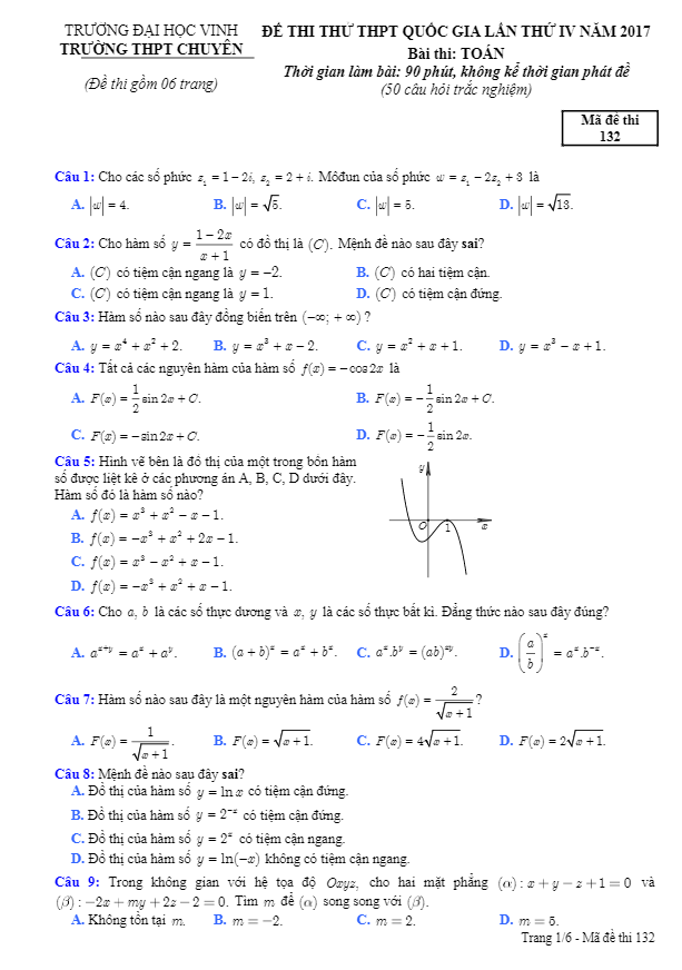 đề thi thử thpt quốc gia 2017 môn toán trường thpt chuyên đại học vinh lần 4