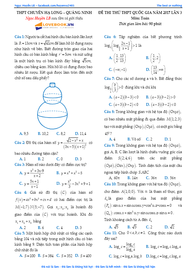 đề thi thử thpt quốc gia 2017 môn toán trường thpt chuyên hạ long – quảng ninh lần 3