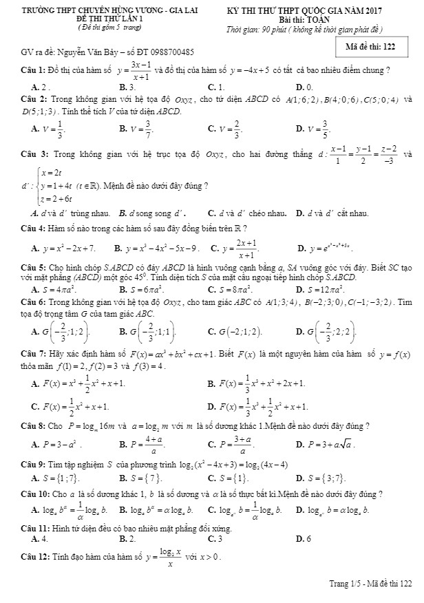 đề thi thử thpt quốc gia 2017 môn toán trường thpt chuyên hùng vương – gia lai lần 1