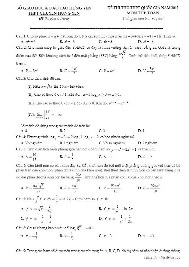 đề thi thử thpt quốc gia 2017 môn toán trường thpt chuyên hưng yên lần 3