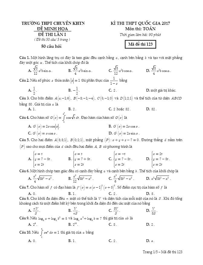 đề thi thử thpt quốc gia 2017 môn toán trường thpt chuyên khtn – hà nội lần 1