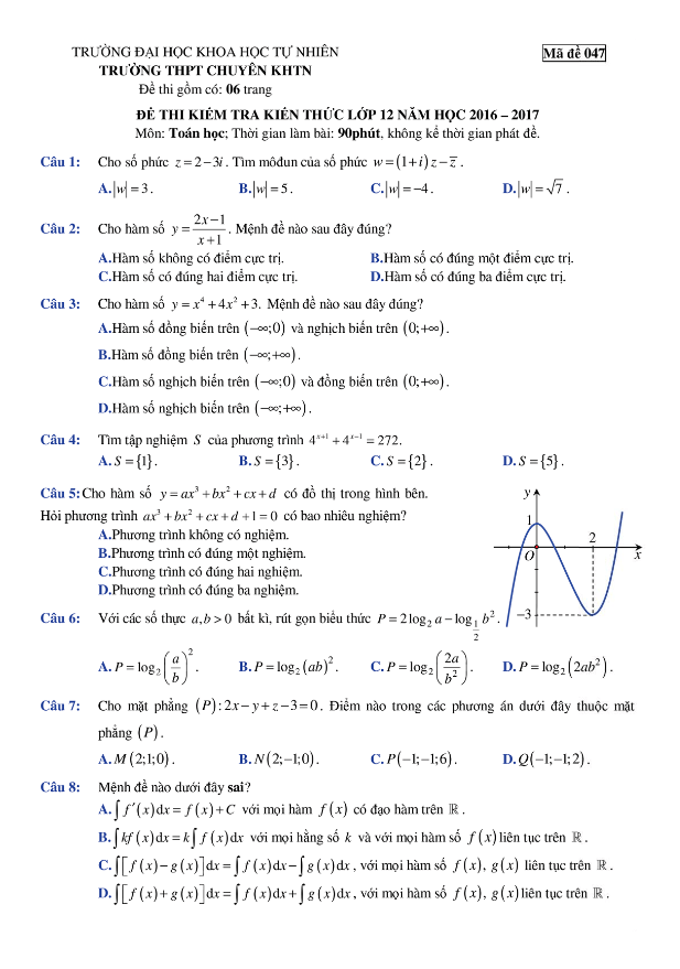 đề thi thử thpt quốc gia 2017 môn toán trường thpt chuyên khtn – hà nội lần 4