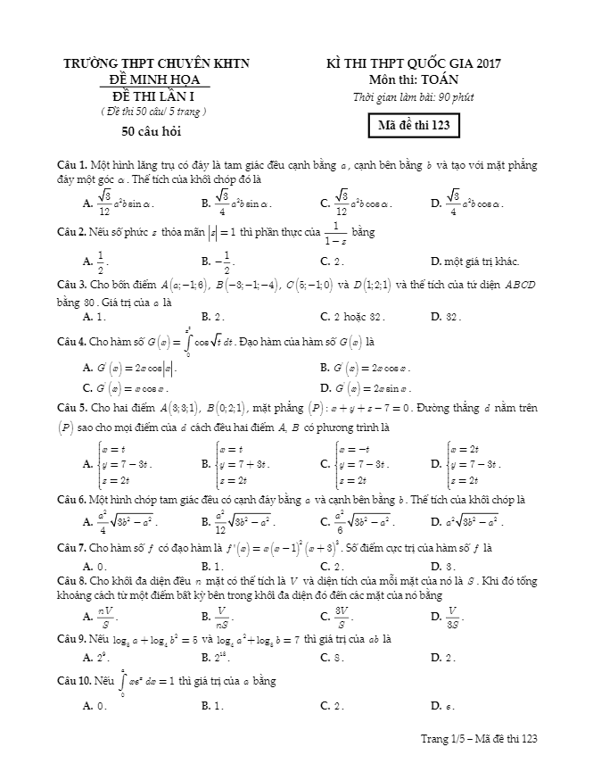 đề thi thử thpt quốc gia 2017 môn toán trường thpt chuyên khtn lần 1