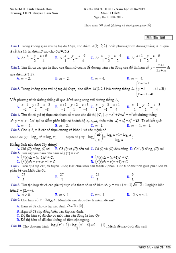 đề thi thử thpt quốc gia 2017 môn toán trường thpt chuyên lam sơn – thanh hóa lần 2