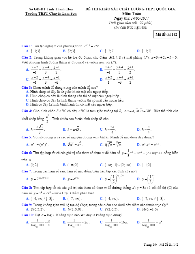 đề thi thử thpt quốc gia 2017 môn toán trường thpt chuyên lam sơn – thanh hóa lần 3