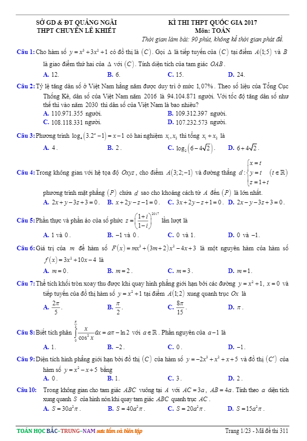 đề thi thử thpt quốc gia 2017 môn toán trường thpt chuyên lê khiết – quảng ngãi