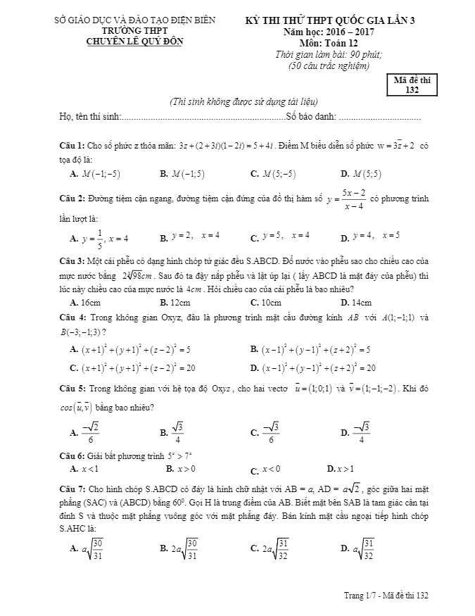 đề thi thử thpt quốc gia 2017 môn toán trường thpt chuyên lê quý đôn – điện biên