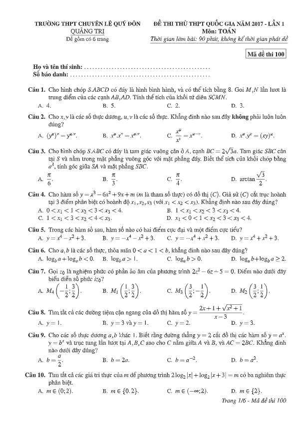 đề thi thử thpt quốc gia 2017 môn toán trường thpt chuyên lê quý đôn – quảng trị lần 1