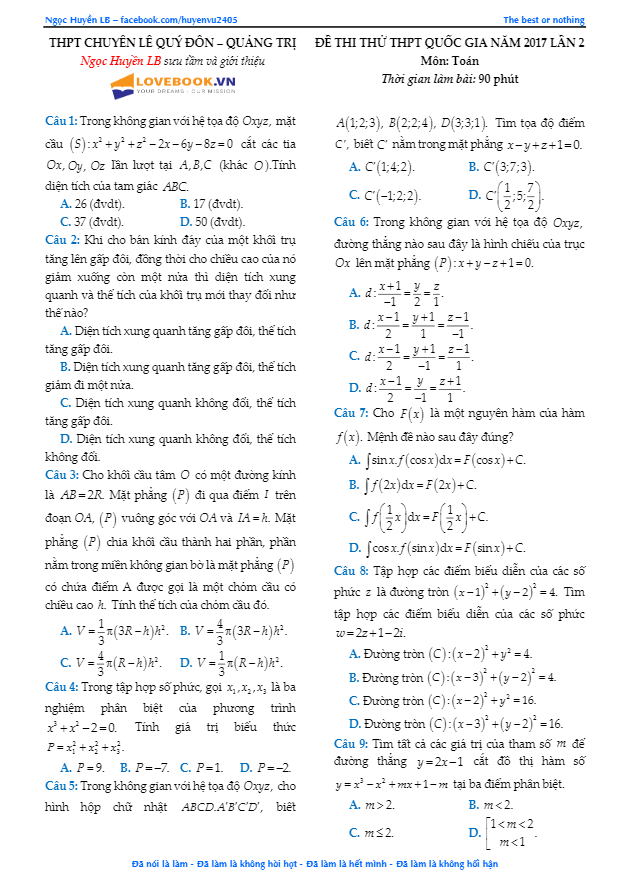 đề thi thử thpt quốc gia 2017 môn toán trường thpt chuyên lê quý đôn – quảng trị lần 2