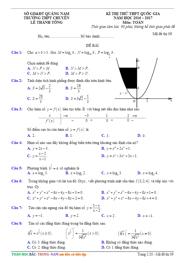 đề thi thử thpt quốc gia 2017 môn toán trường thpt chuyên lê thánh tông – quảng nam