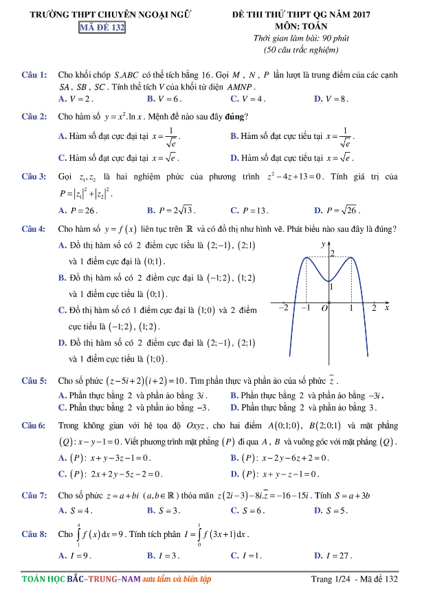 đề thi thử thpt quốc gia 2017 môn toán trường thpt chuyên ngoại ngữ – hà nội lần 1