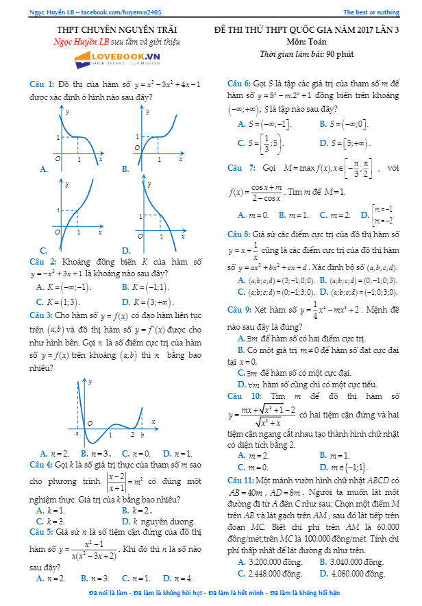 đề thi thử thpt quốc gia 2017 môn toán trường thpt chuyên nguyễn trãi – hải dương lần 3