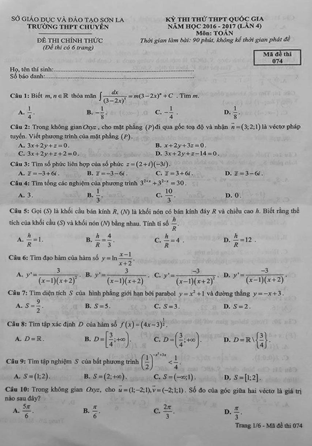 đề thi thử thpt quốc gia 2017 môn toán trường thpt chuyên sơn la lần 4
