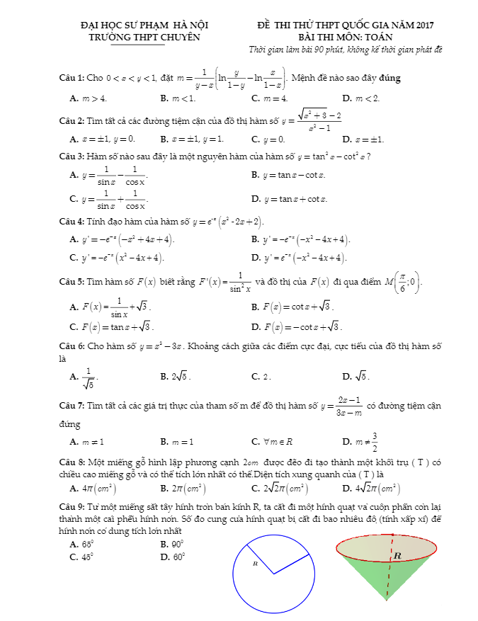 đề thi thử thpt quốc gia 2017 môn toán trường thpt chuyên sư phạm hà nội lần 4