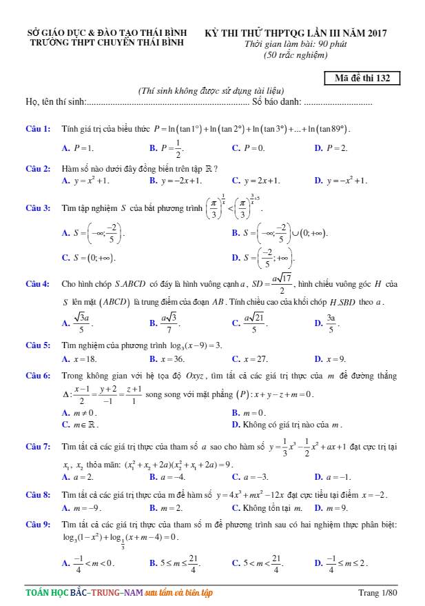 đề thi thử thpt quốc gia 2017 môn toán trường thpt chuyên thái bình lần 3