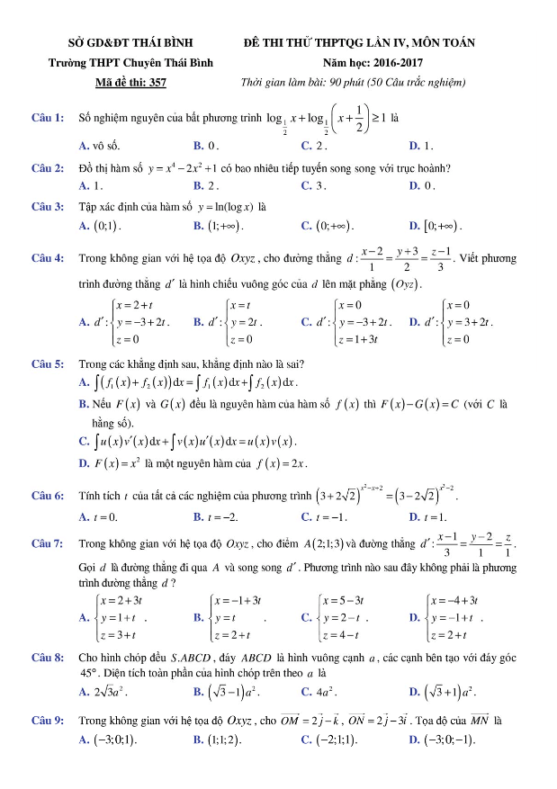 đề thi thử thpt quốc gia 2017 môn toán trường thpt chuyên thái bình lần 4