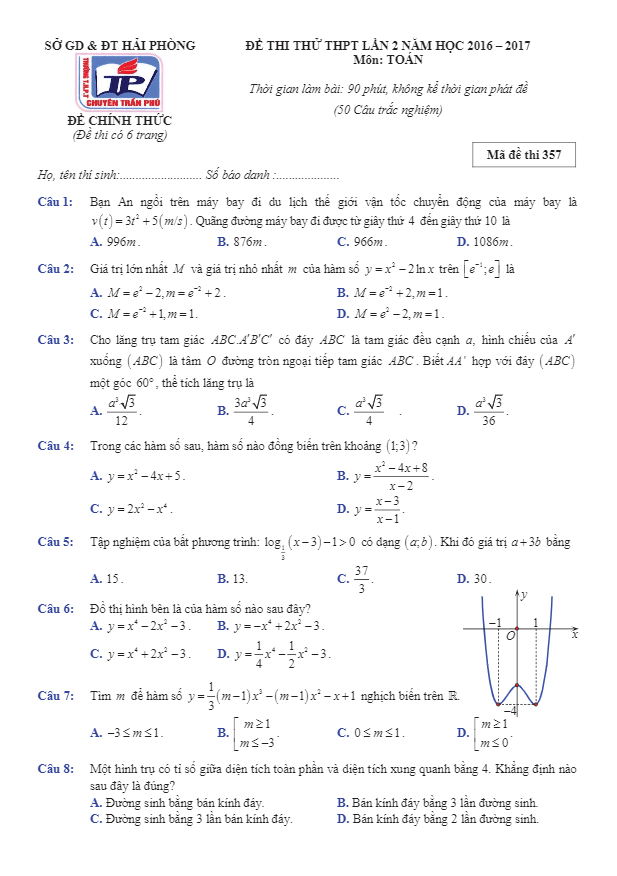 đề thi thử thpt quốc gia 2017 môn toán trường thpt chuyên trần phú – hải phòng lần 2