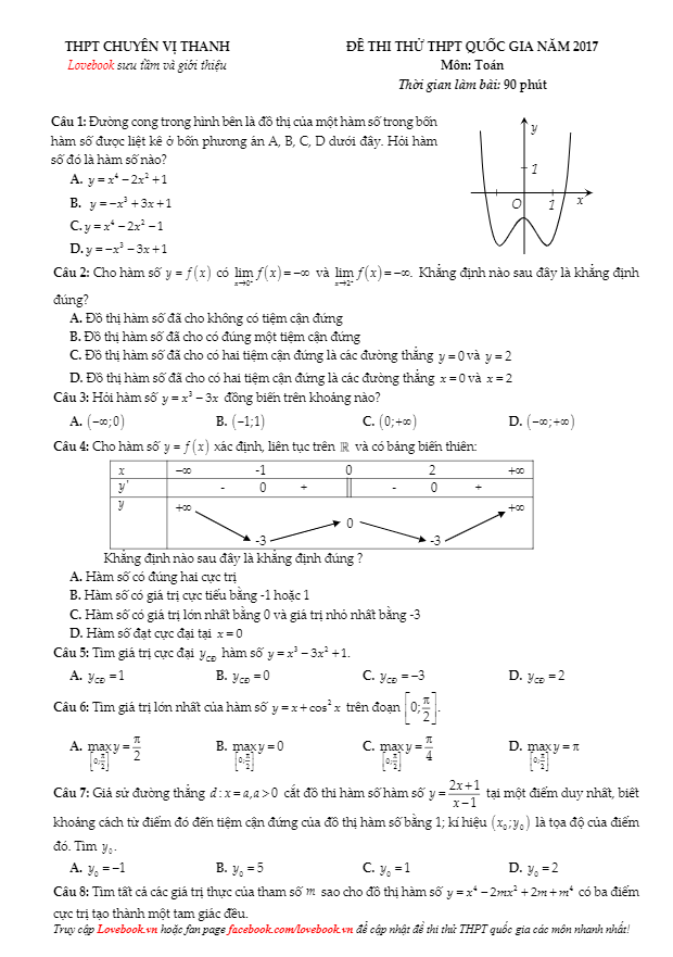 đề thi thử thpt quốc gia 2017 môn toán trường thpt chuyên vị thanh – hậu giang